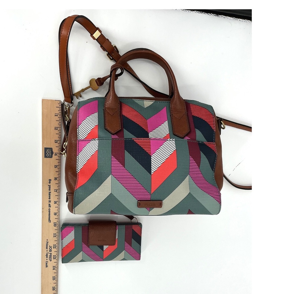 Fossil Geometric Print Satchel Crossbody Bag‎ and Wallet Set Brown Leather Trim - Picture 11 of 14